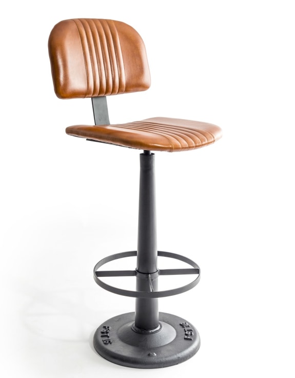 Industrial Vintage Leather & Iron Bar Stool