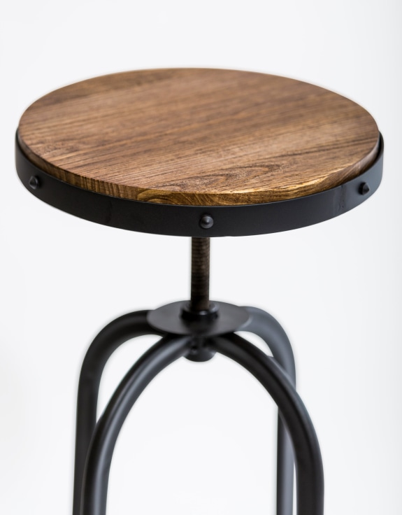 Matt Black Vintage Style Adjustable Bar Stool w/ Wood Seat
