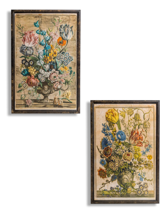 Set of 2 Antiqued White Boho Floral Wall Prints
