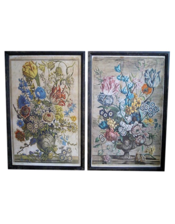 Set of 2 Antiqued White Boho Floral Wall Prints