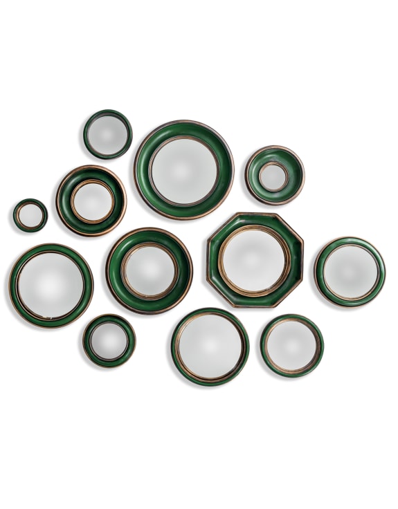 Set of 12 Assorted Antique Green / Gold Framed Convex Mirrors