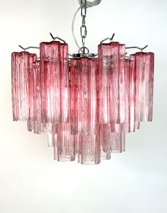 Chrome with Multi Pink Waved Cylinder Glass Chandelier