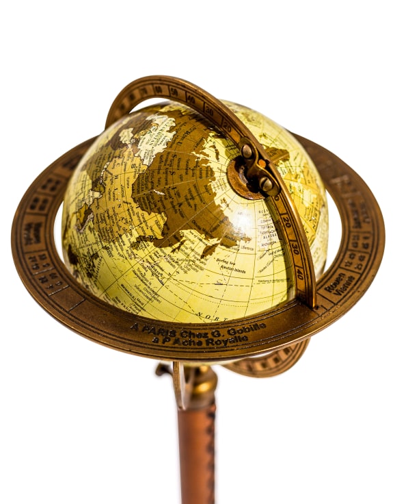 Large Antique Globe On Metal & Leather Stand
