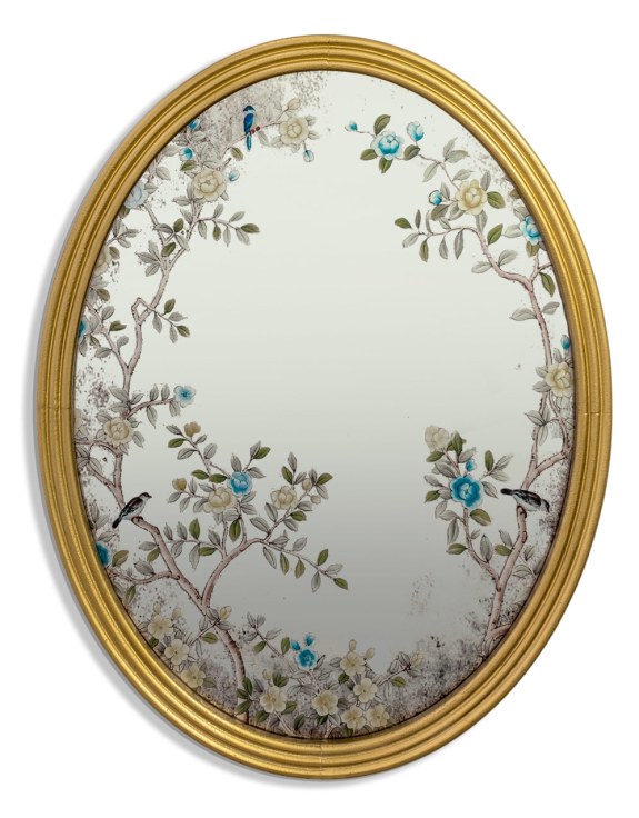 Large Oval Gold-Framed Botanical Glass Wall Mirror