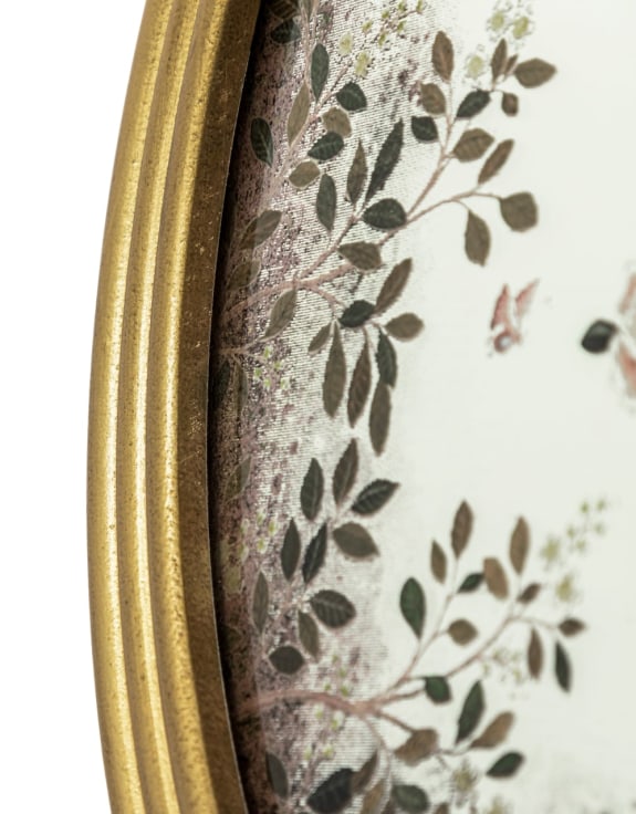 Round Gold-Framed Botanical Glass Wall Mirror