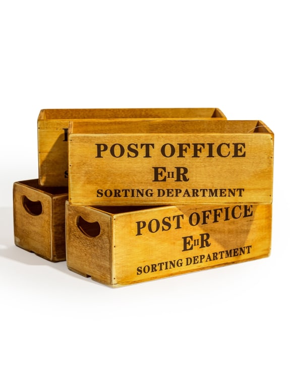 Set of 4 Antiqued "Post Office Sorting Dept" Wooden Boxes