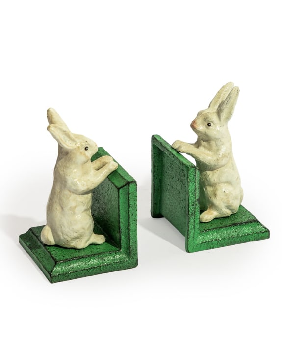 Cast Iron Antiqued Pair of White Rabbit Bookends