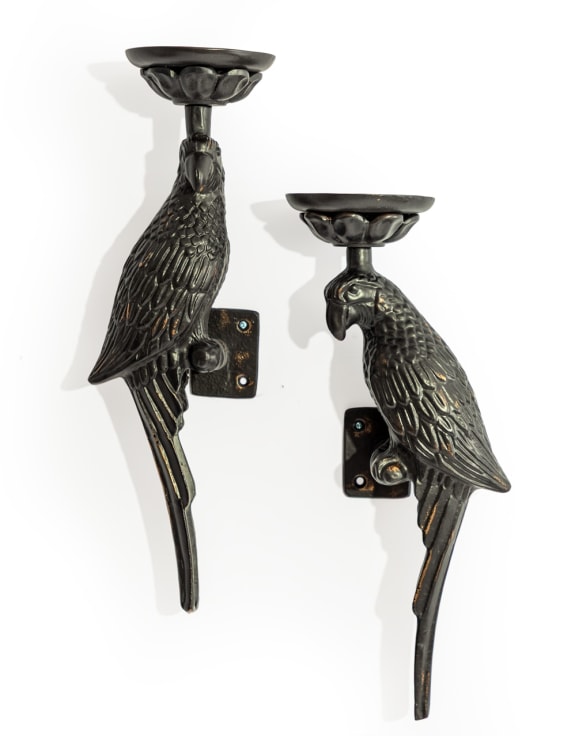 Pair of Large Distressed Black Metal Parrot Wall Sconces