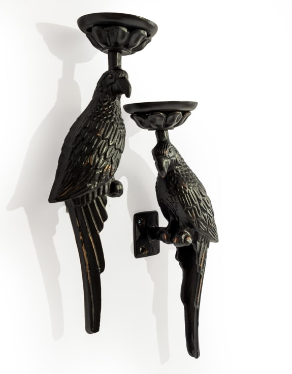Pair of Large Distressed Black Metal Parrot Wall Sconces