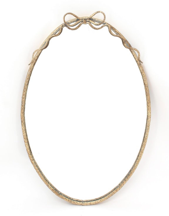 Large Oval Gold Hammered Metal Wall Mirror w/ Bow