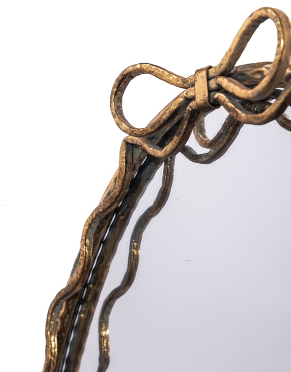 Large Oval Gold Hammered Metal Wall Mirror w/ Bow