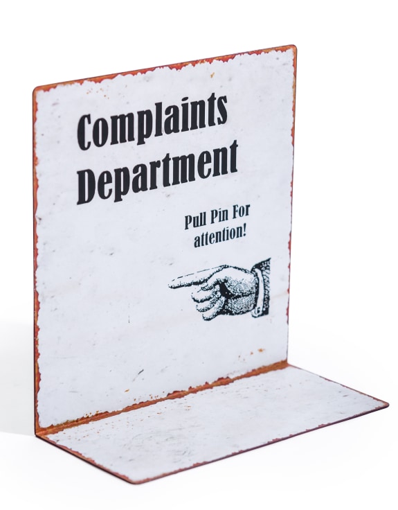 "Complaints Department" Antiqued Metal Table Sign