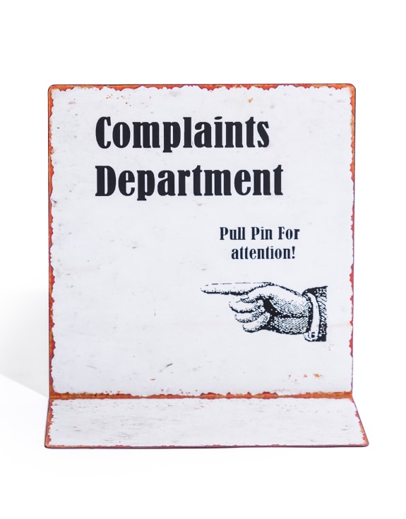 "Complaints Department" Antiqued Metal Table Sign