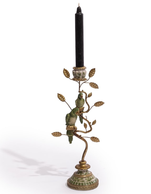 Antiqued Ornate Branch Green/Gold Parrot Pair Candle Holder