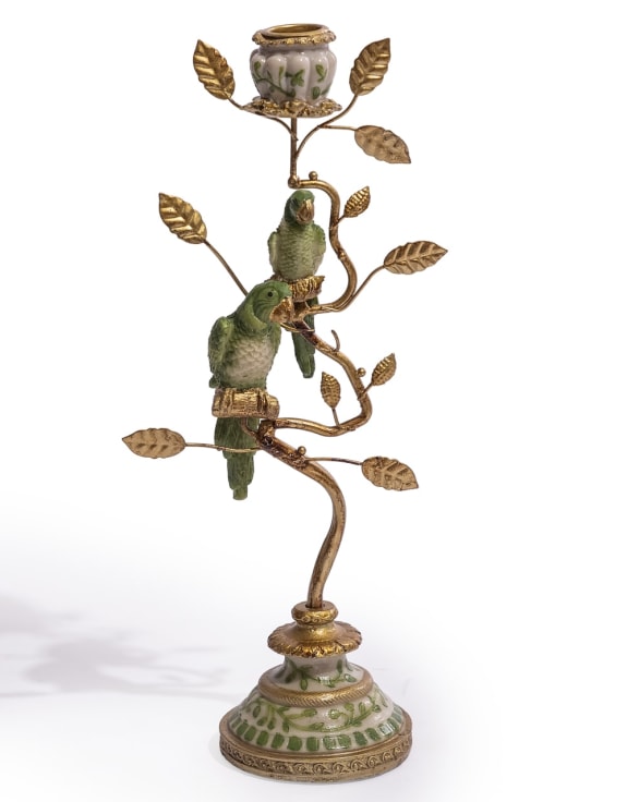 Antiqued Ornate Branch Green/Gold Parrot Pair Candle Holder
