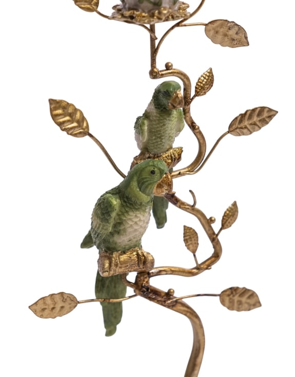 Antiqued Ornate Branch Green/Gold Parrot Pair Candle Holder