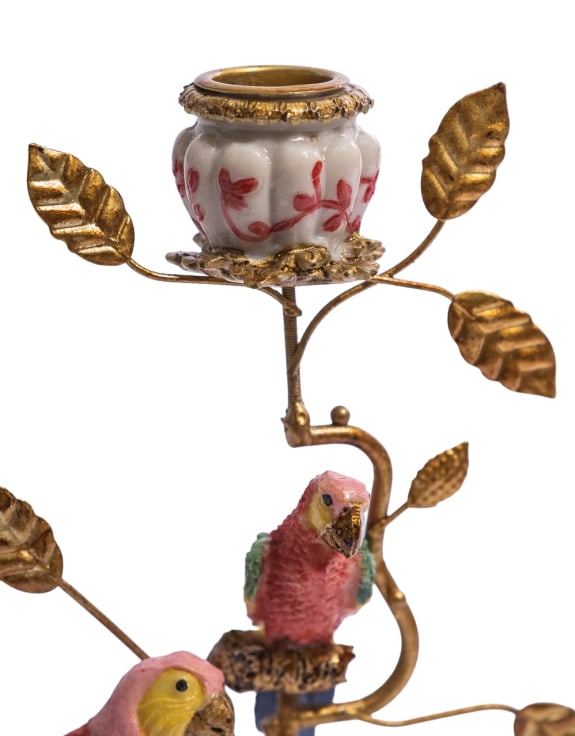 Antiqued Ornate Branch Red/Gold Parrot Pair Candle Holder