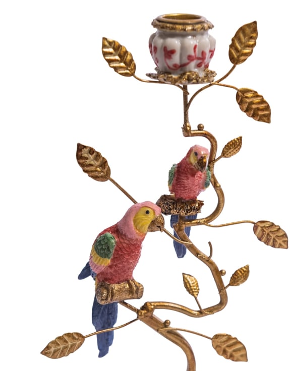 Antiqued Ornate Branch Red/Gold Parrot Pair Candle Holder