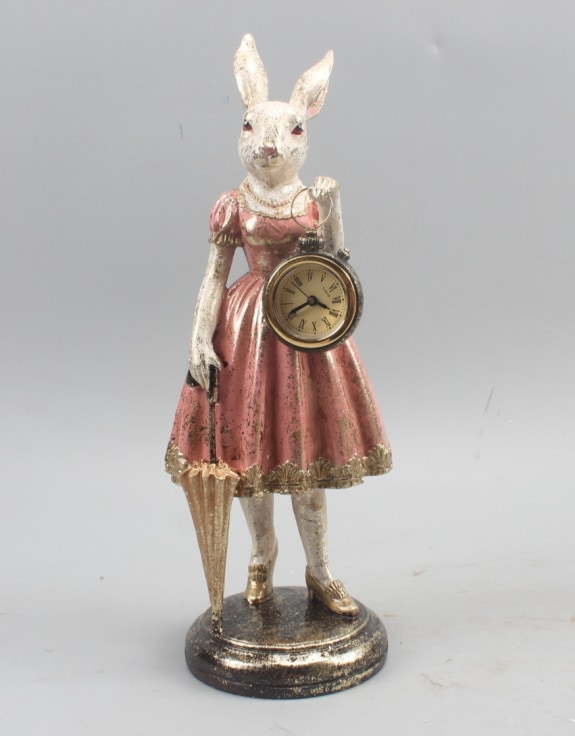 Lady White Rabbit Standing Clock Figure