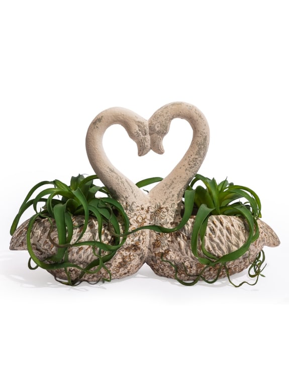 Large Antiqued "Love Heart" Pair of Swan Planters
