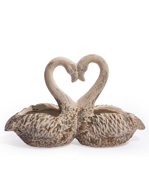Large Antiqued "Love Heart" Pair of Swan Planters