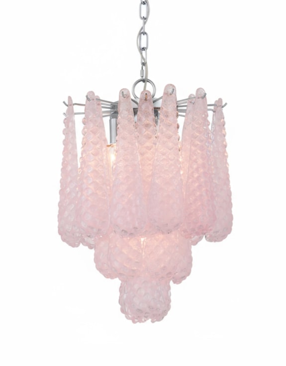 Chrome w/ Pink Bubbled Glass "Gicel" Chandelier