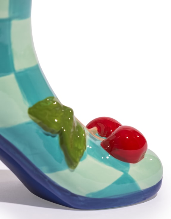 Large Blue Check w/ Cherries Ceramic Boot Vase