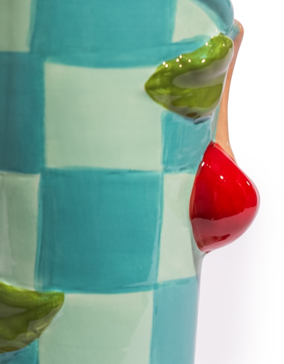 Large Blue Check w/ Cherries Ceramic Boot Vase