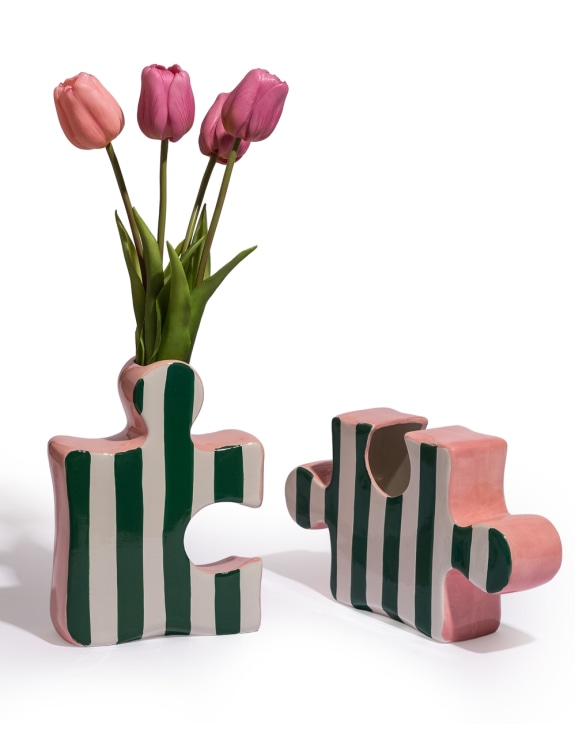 Set of 2 Green/White & Pink Ceramic Jigsaw Piece Vases