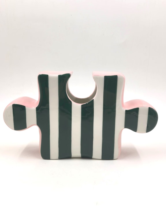 Set of 2 Green/White & Pink Ceramic Jigsaw Piece Vases