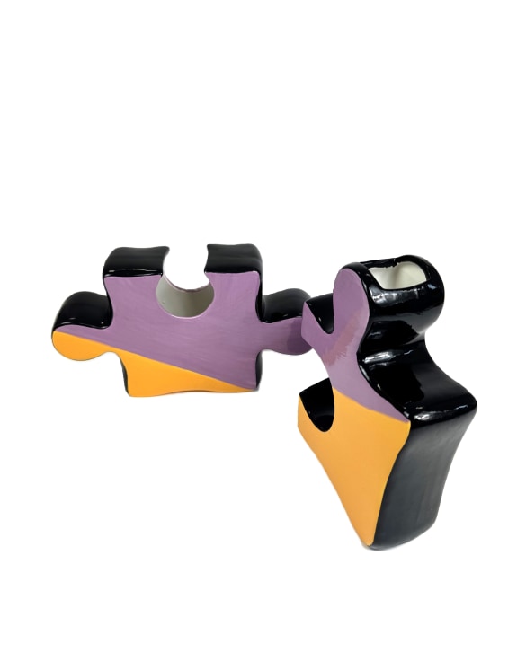 Set of 2 Orange/Purple/Black Ceramic Jigsaw Piece Vases