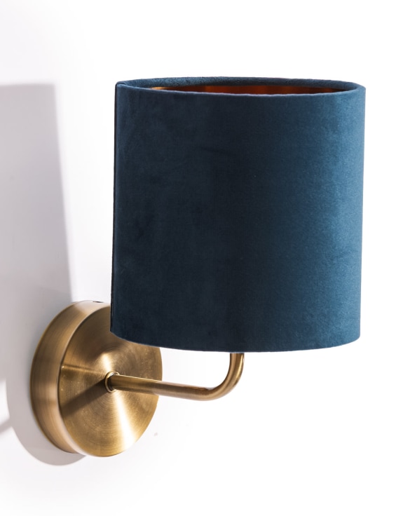 Brushed Brass Wall Lamp w/ Navy Velvet Shade