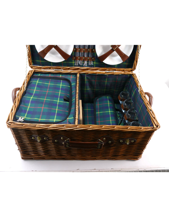 Luxury Tartan 4-Person Picnic Hamper w/ Leather Handles & Accessories