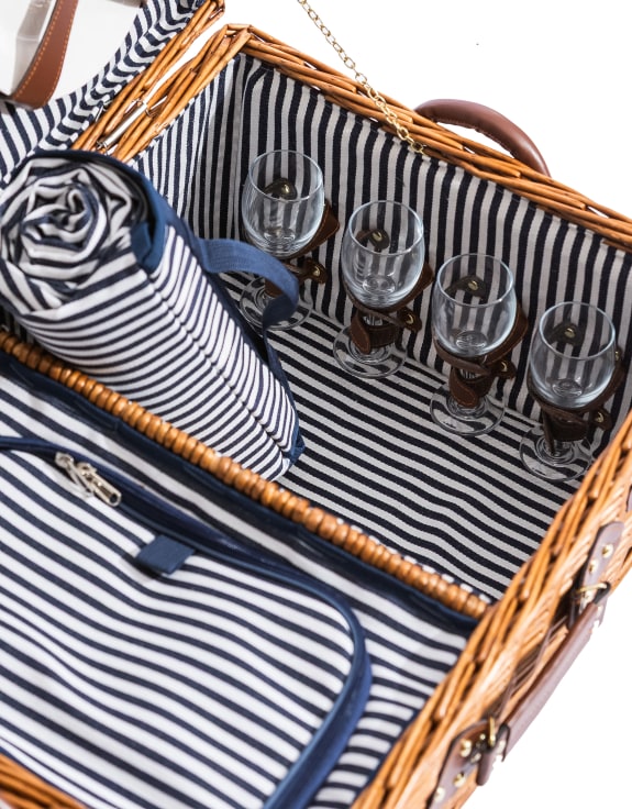 Luxury Pinstripe 4-Person Picnic Hamper w/ Leather Handles & Accessories