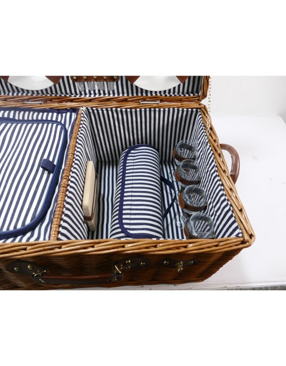 Luxury Pinstripe 4-Person Picnic Hamper w/ Leather Handles & Accessories