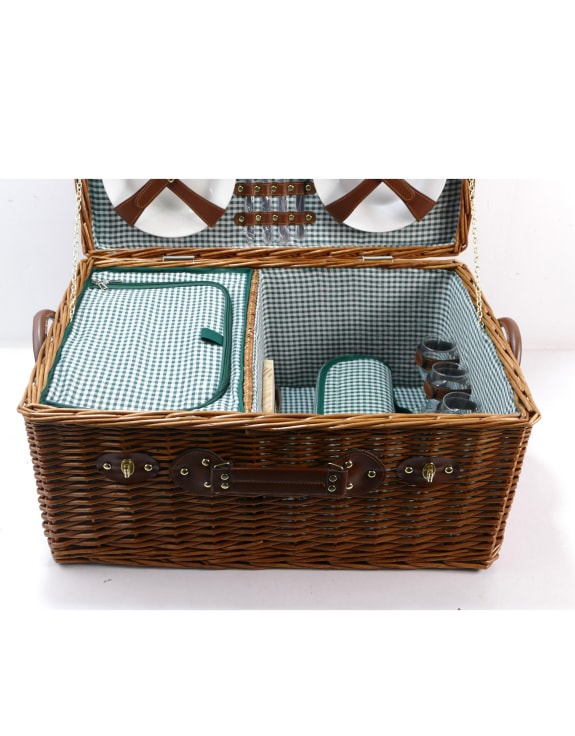 Luxury Gingham 4-Person Picnic Hamper w/ Leather Handles & Accessories