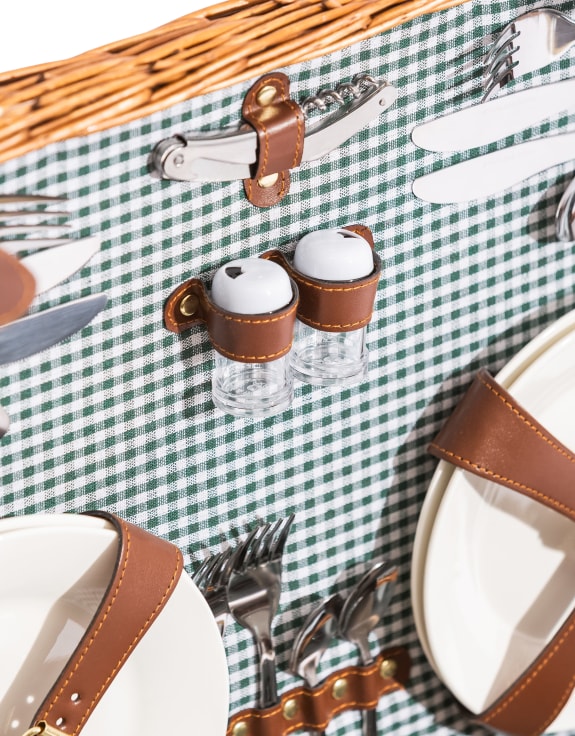 Luxury Gingham 4-Person Picnic Hamper w/ Leather Handles & Accessories