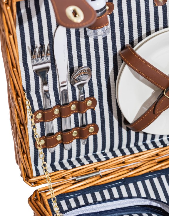 Luxury Pinstripe 2-Person Picnic Hamper w/ Leather Handles & Accessories