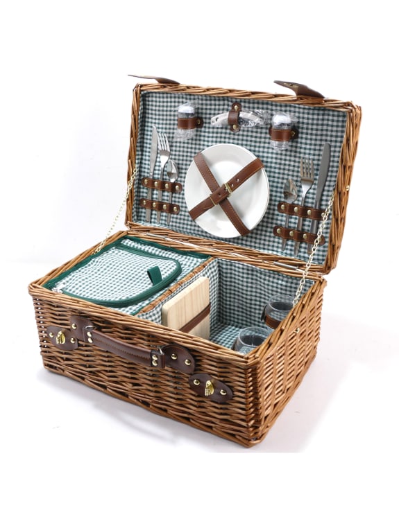 Luxury Gingham 2-Person Picnic Hamper w/ Leather Handles & Accessories