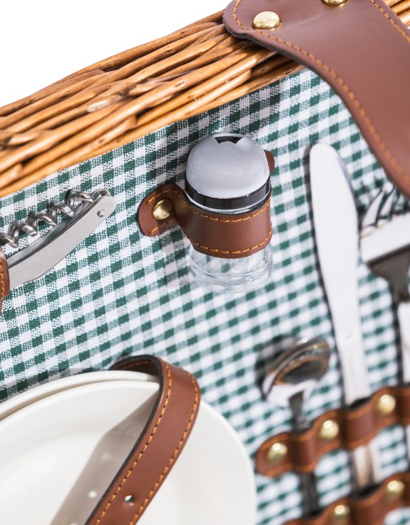 Luxury Gingham 2-Person Picnic Hamper w/ Leather Handles & Accessories
