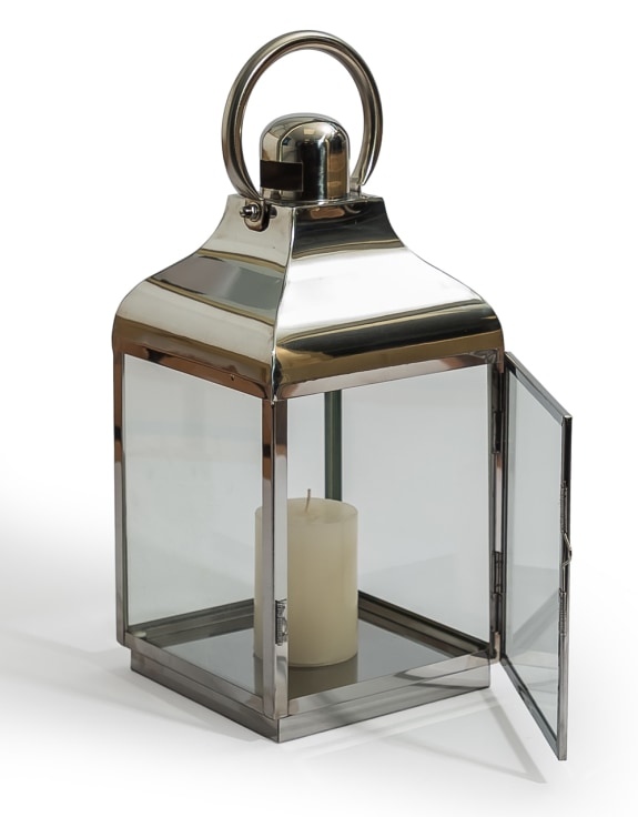 Medium Square Polished Steel and Glass Lantern
