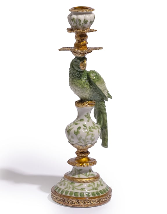 Antiqued Ornate Green/White Parrot Candle Holder - RH