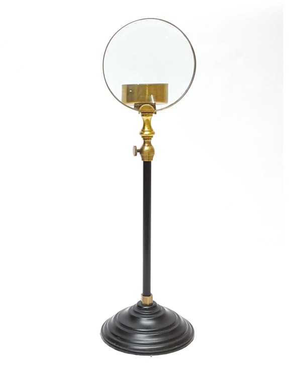 Brass Magnifying Glass on Black Stand w/ Candle Holder 