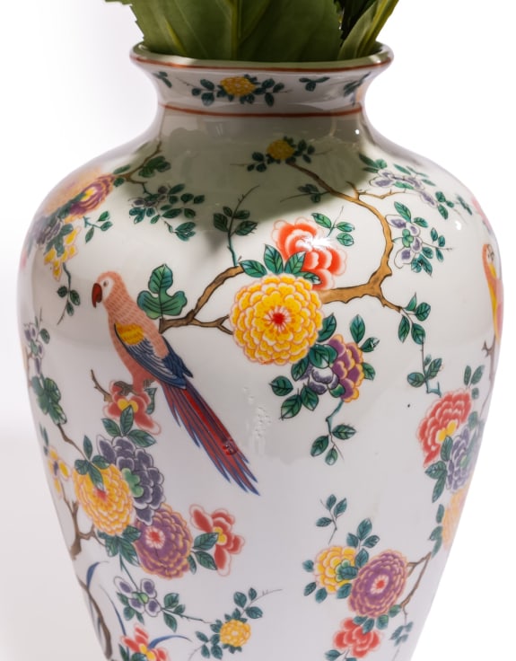 White Ceramic Floral & Tropical Bird Vase