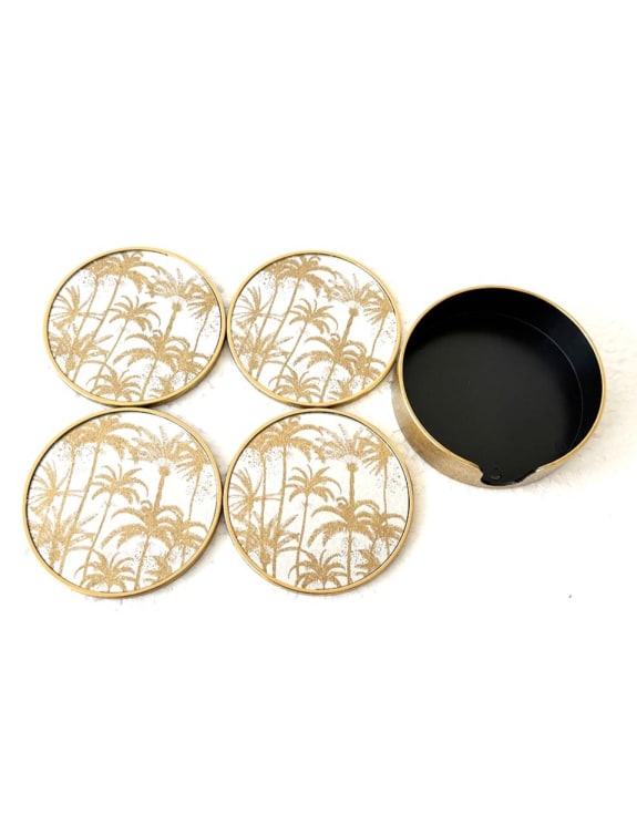 Set of 4 Mirrored Palm Tree Round Coasters