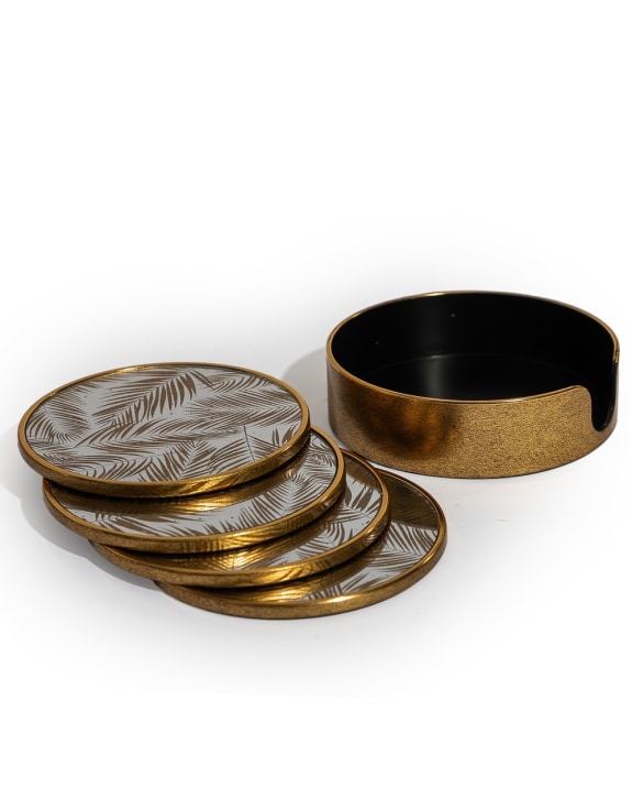 Set of 4 Mirrored Tropical Leaf Round Coasters