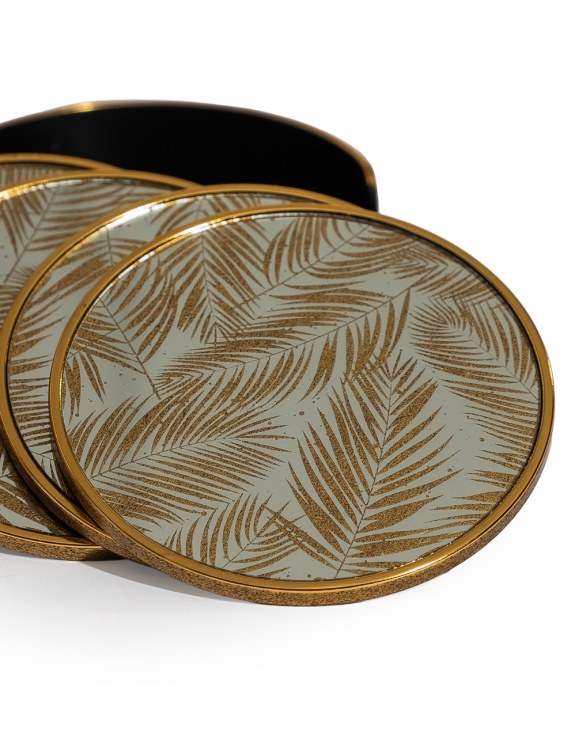Set of 4 Mirrored Tropical Leaf Round Coasters