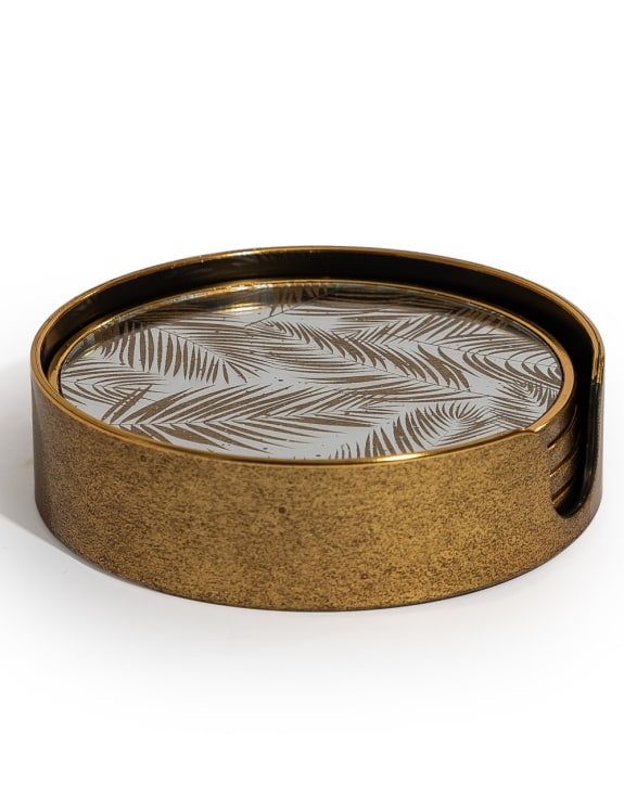 Set of 4 Mirrored Tropical Leaf Round Coasters