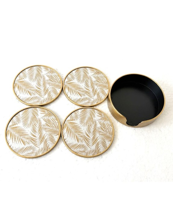 Set of 4 Mirrored Tropical Leaf Round Coasters