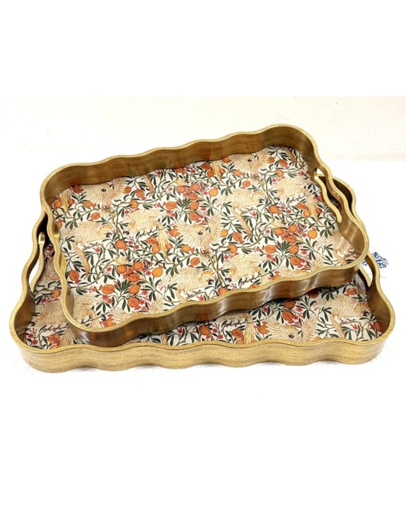 Rectangular Waved Set of 2 Brushed Gold Cockatoo & Pomegranate Serving Trays